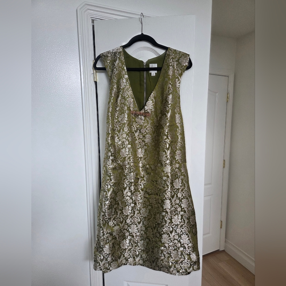 ​Anthropologie Maeve Brocade V-Neck Mini Dress Olive Green Gold Metallic NWT 3X